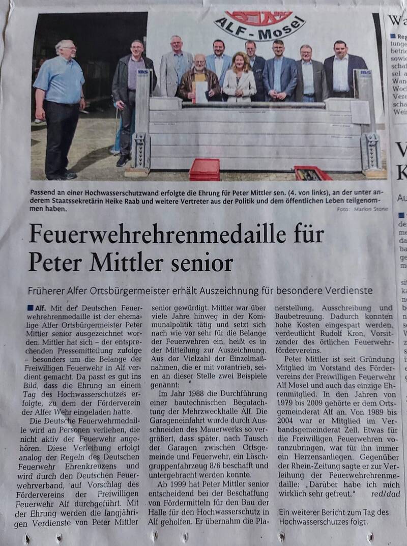 Bericht Rheinzeitung Feuerwehrehrenmedaille